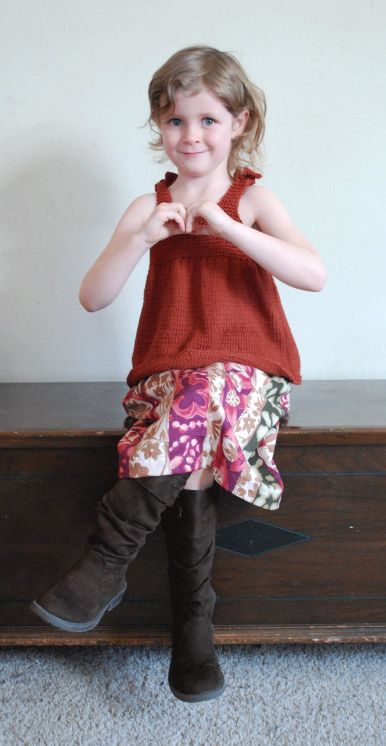 Girls Hand Knit Top with Shoulder Knot Ties and matching Hand Sewn Skirt, Size 4 to 6