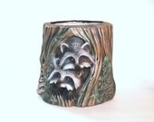 Ceramic Raccoon Planter, hand painted - 9.5 inches, indoor or outdoor, lawn and garden