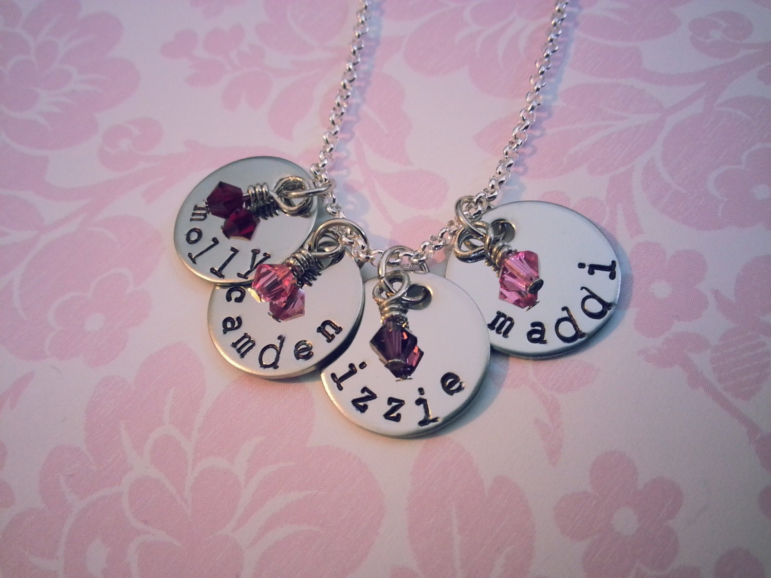 4 Stamped Discs with Birthstones Necklace