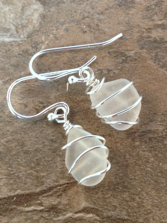 Dangly Frosted White Clear Beach Glass Sea Glass Earrings Wire Wrapped with Sterling Silver
