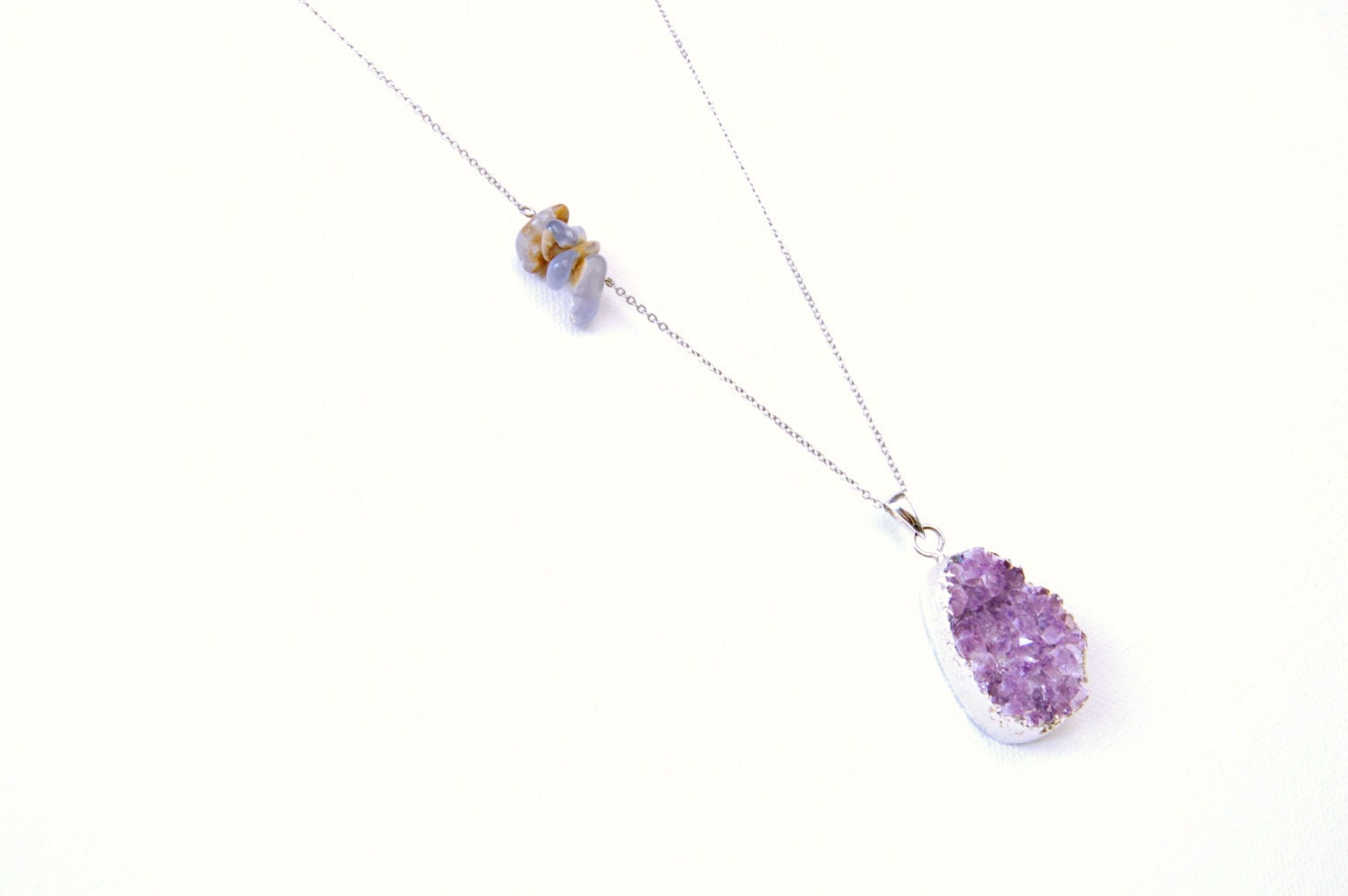 SPRING SALE Amethyst Long Pendant Necklace Labradorite Silver Jewelry Purple Raw Druzy Mineral Bohemian Fashion Iridescent  Natural Stone