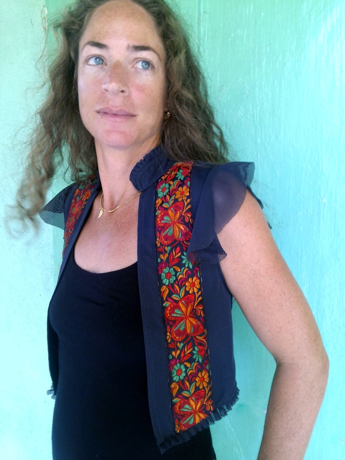 Ethnic butterfly and flowers indian waistcoat with dark blue net