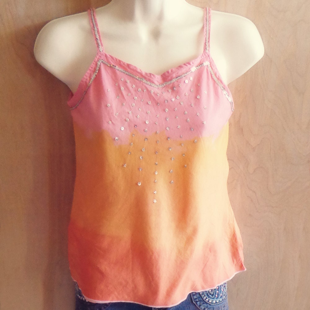 Upcycled Sunset Dip Dye Sequin Yoke Tank Top - XS/S