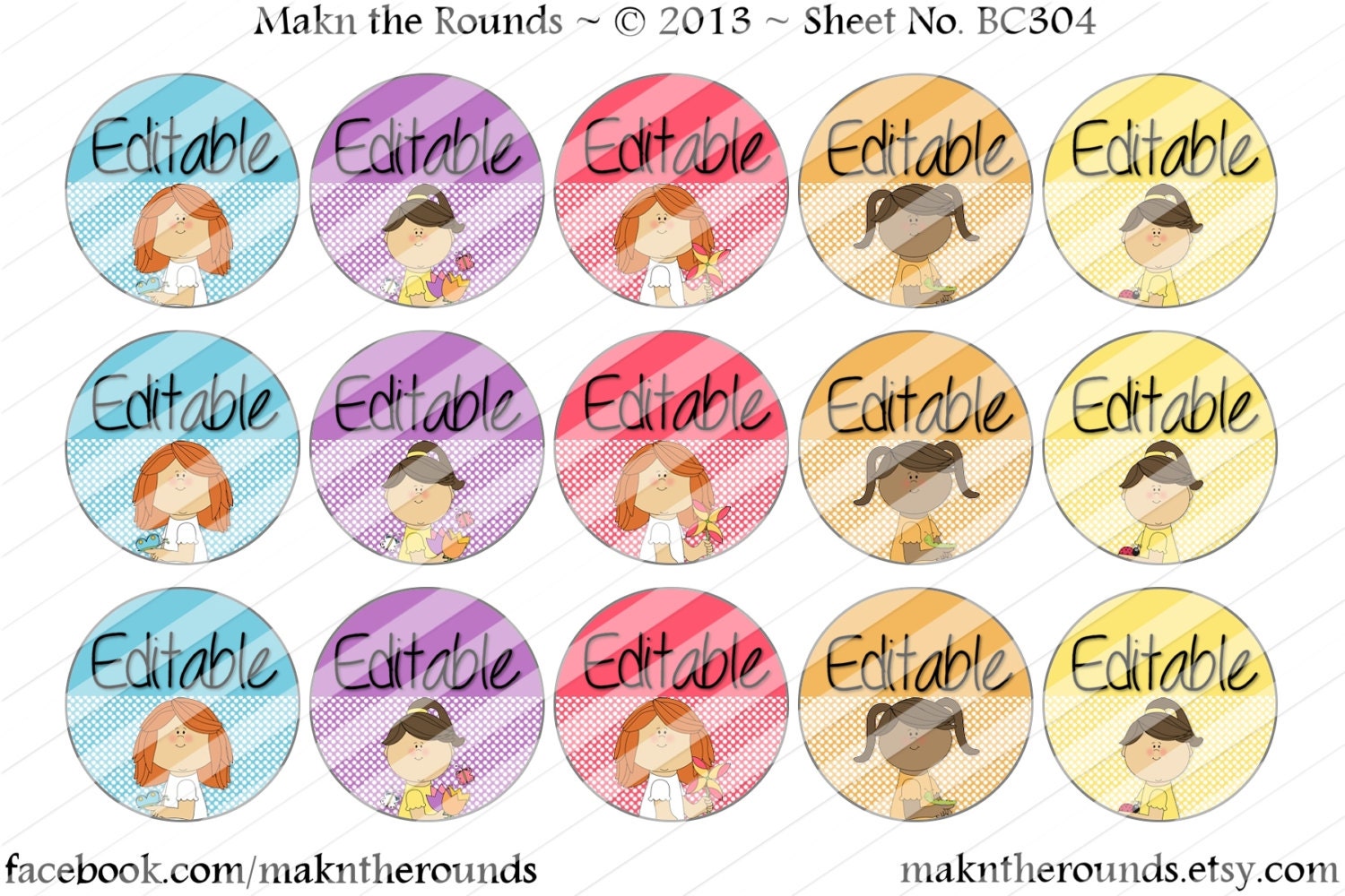 Editable Spring Girls- 1 inch Circle Bottle Cap Image - 4x6 and 8.5x11 Digital Collage Sheet (No. BC304) - Instant Download