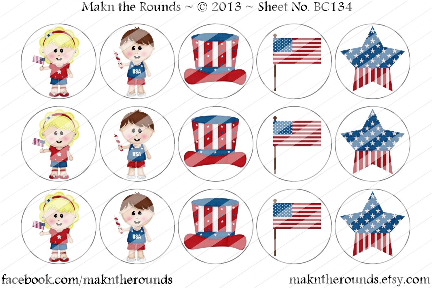 4th of July - Patriotic - 1 inch Circle Bottle Cap Image - 4x6 and 8.5x11 Digital Collage Sheet (No. BC134) - Instant Download