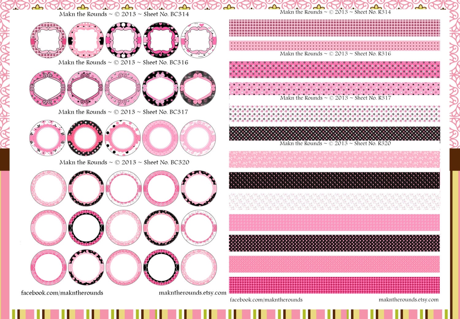 Editable Black & Pink Patterns Bundle Set - 1 inch Circle Bottle Cap Image and 7/8 Ribbon Graphics (BS105) - Instant Download