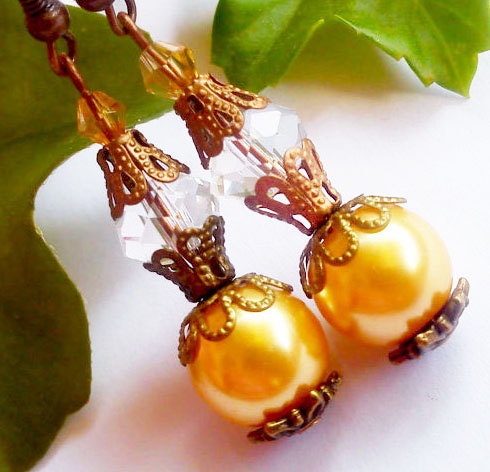 BUY 4 choose 1 FREE..Bronze pearl crystal boho vintage look earrings dangle women boho affordable earrings mothers day