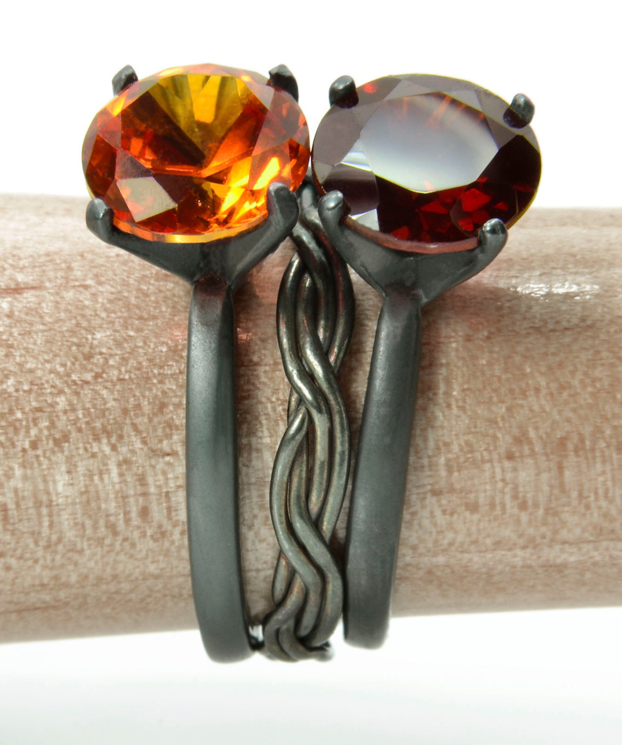 Gemstone Stacking Ring Set, Sterling Silver, Autumn Fire Ring Set with Garnet and Orange Sapphire with a Twisted Wire Ring