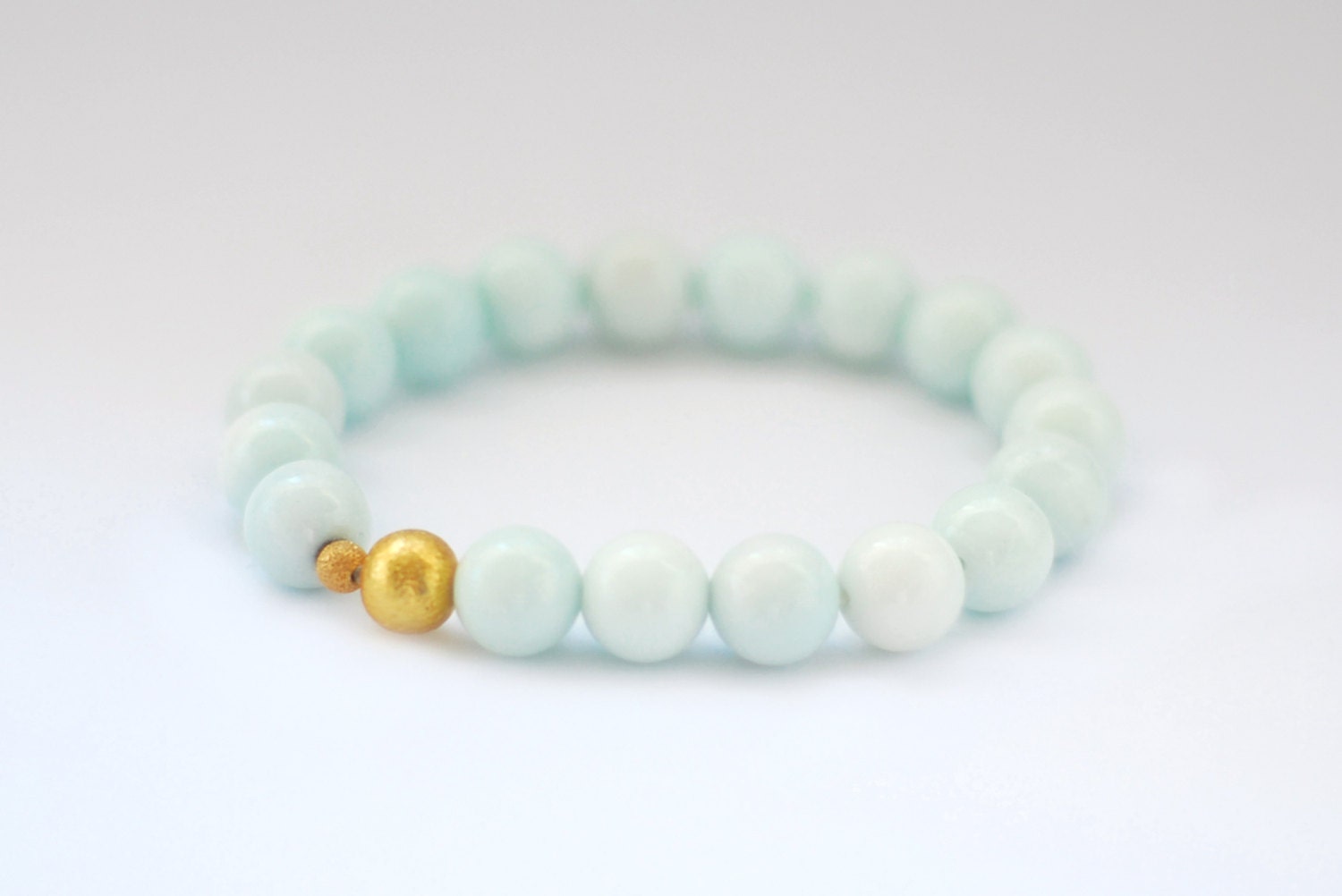 Kaeden Beaded Bracelet - 10mm Pastel Mint Jade Beads with Gold Plated Bead Bracelet (slips over wrist)