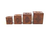 Vintage Wooden Canisters Containers Boxes Lidded Square Cube Dovetail Set Collection Four Retro Flour Sugar Coffee Tea Kitchenware