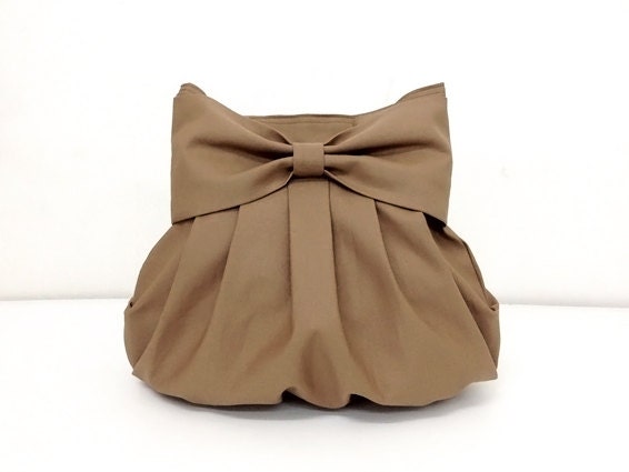 SALE - 10%off Handmade Bag Canvas/ Diaper bag/ Shoulder bag/ Hobo bag/ Tote bag/ Purse/ Everyday bag/ Double Straps/ Bow bag - Khaki - Bella
