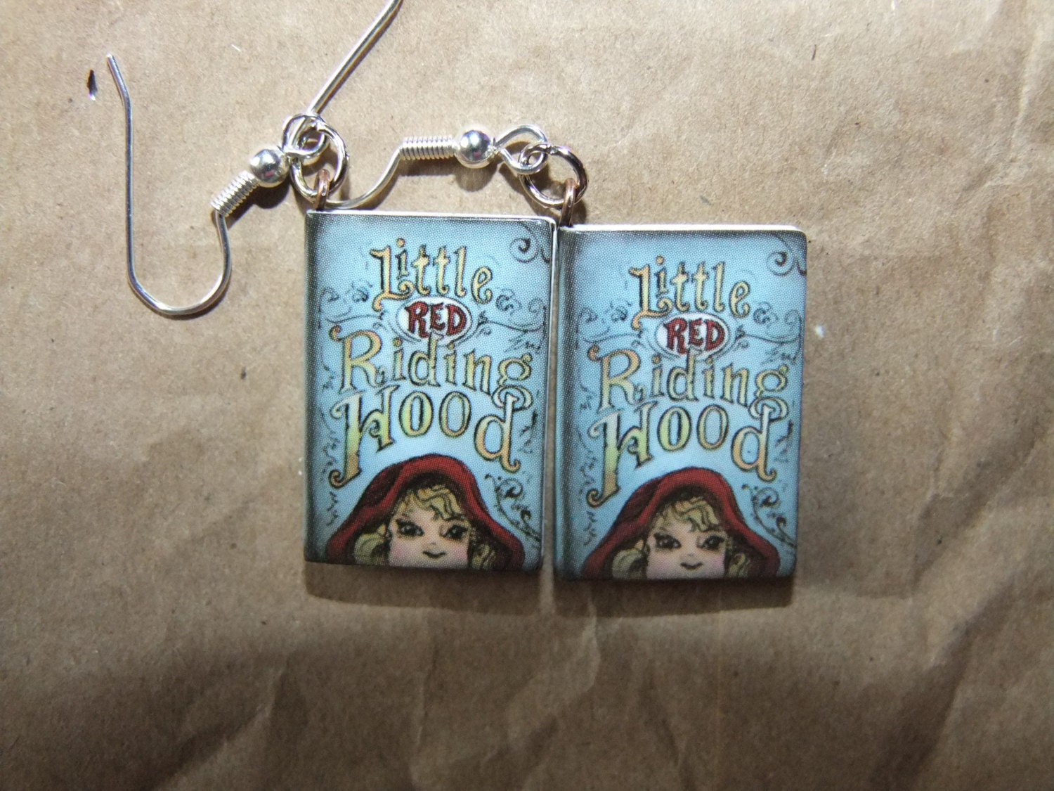 Little Red Riding Hood earrings book novel story fairytale blue fable fiction classic romantic dangle lightweight whimsy