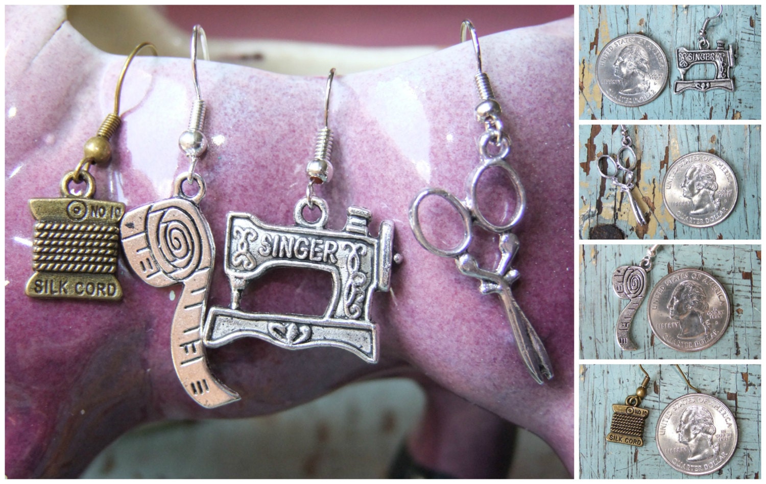 Sewing theme earrings dangle Singer sewing machine scissors measuring tape embroidery thread on spool metal earring