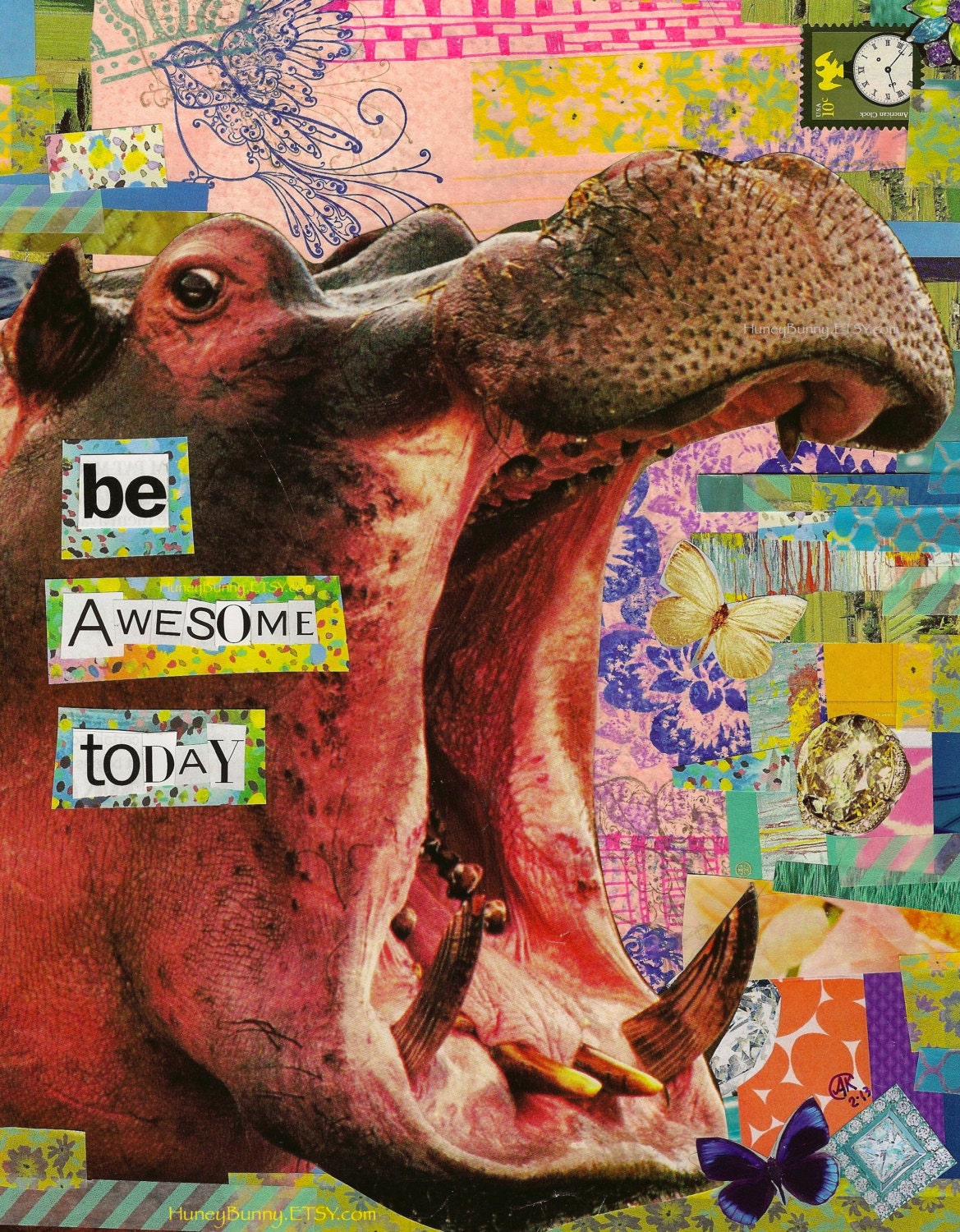 PRINT- "Be AWESOME Today " 8x10inches - Hippo ART.  Whimsical Collage from Allie Kelley