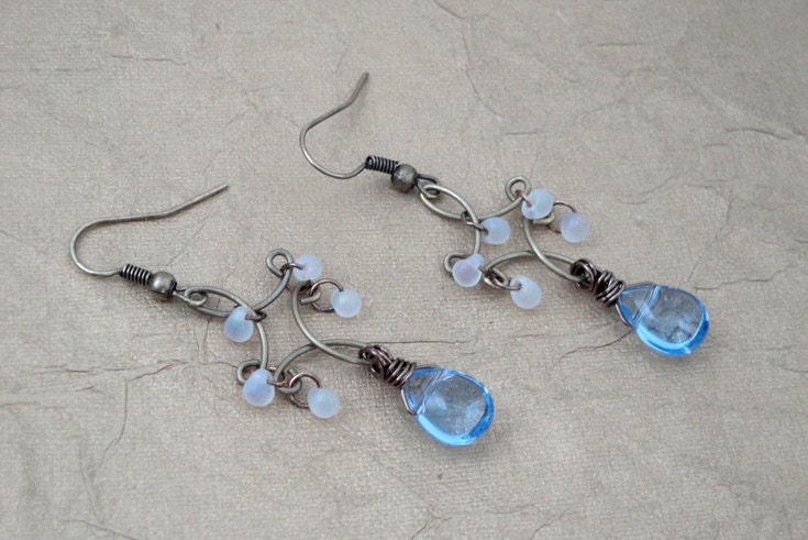 Wire Wrapped Earrings, Filigree Earrings, Tear Drop Earrings, Romantic Earrings, Two Tone Metal Earrings