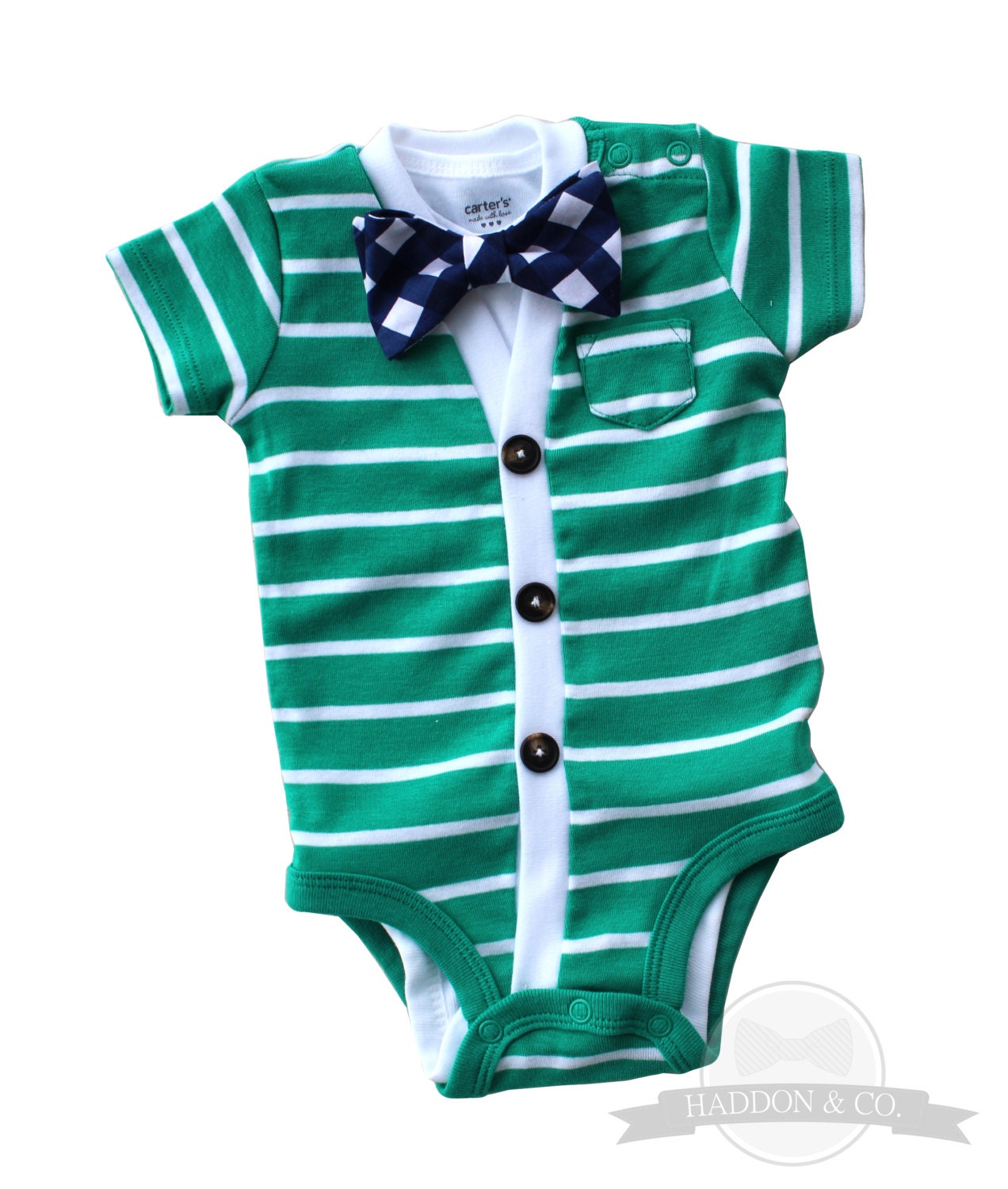 Cardigan and Bow Tie Onesie Set - Green with Navy Gingham - Trendy Baby Boy - Perfect for Spring Shower