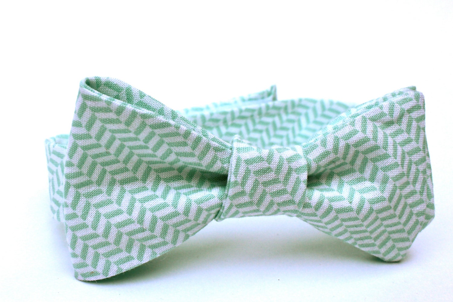 Boy's Bow Tie - Mint Green Tiny Herringbone - Adjustable Velcro Closure