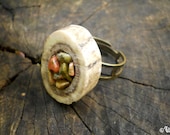 Deer antler ring with unakite gemstone - natural jewelry - adjustable, antique brass base, hand made, pagan, OOAK - ready to ship