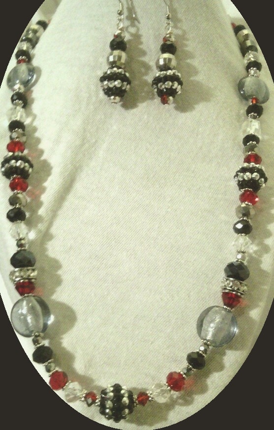 Black, silver, red bling 3 piece necklace, bracelet, earrings set