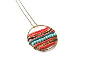 Beadwork Necklace, Beaded Medallion, Striped Jewelry, Red Jewelry, Beaded Pendant, Coral Red and Turquoise, Statement Necklace, Boho Jewelry