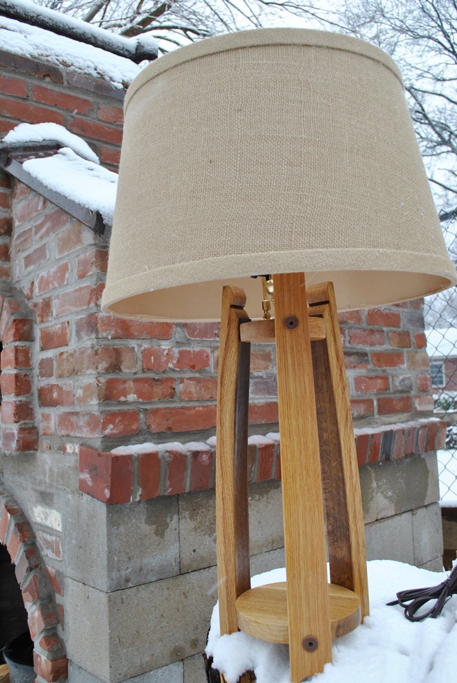 Whiskey Barrel Table Lamp with Lamp Shade, Rustic, Handcrafted, Table Lamp, Cabin, Farmhouse, Burlap Shade, Lighting, Home Decor, Man Cave