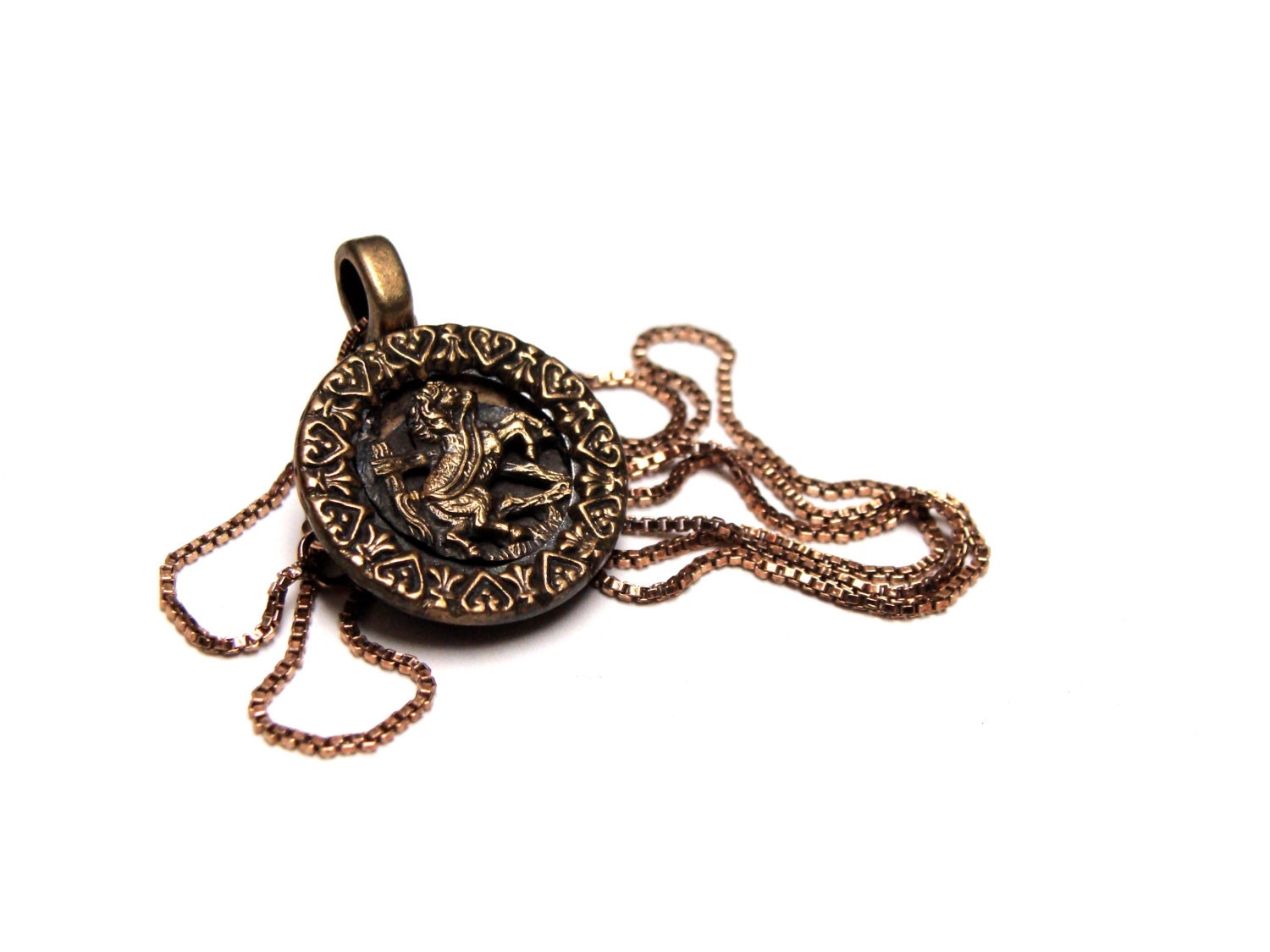 Horse Jewelry, Pony Pendant, Antique Golden Stallion Button, Heart Framed Necklace Charm, Vintage Mustang, Reclaimed - "Golden Pony"