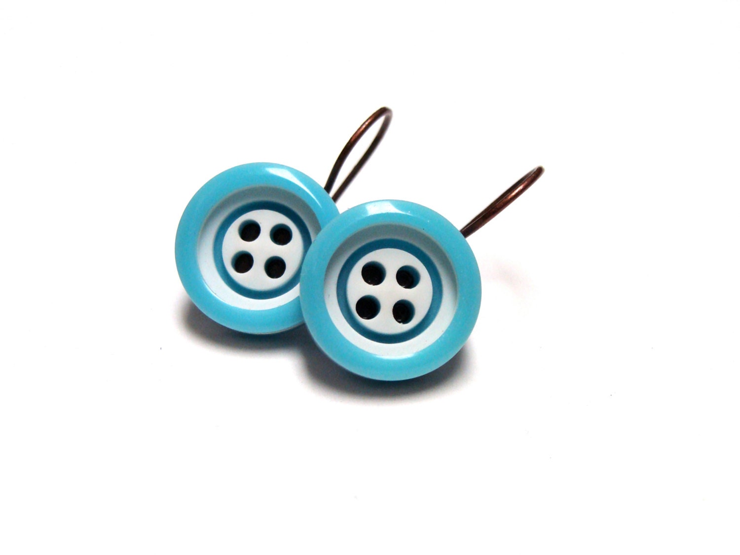 Turquoise Earrings, Retro Drops, Button Jewelry, Rockabilly White Sky Blue Hooks, Nickel Free, Small Eco Dangles, Vintage - "Retro Rebel"