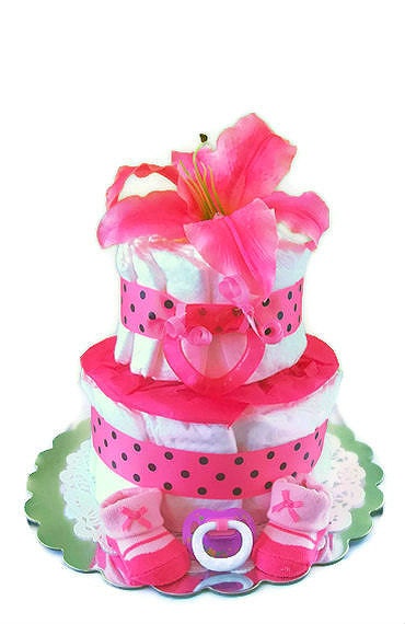 Pink Diaper Cake for Girls, Pink Lily Diaper Cake