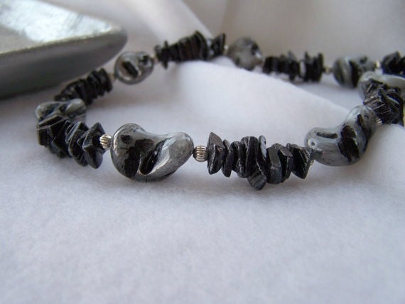 Gray and Silver Beaded Shell Necklace with Matching Beaded Dangle Earrings - Handmade Jewelry - OOAK  - Ready to Ship