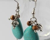 Turquoise Magnesite Teardrop Earrings with Beaded Dangles in Wood and Silver - Handmade Jewelry - Long Earrings - Ready to Ship
