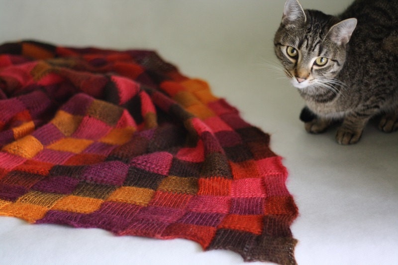 Hand knit shawl, triangular shawl, technique Entrelac, knit scarf, shawl wrap, modern clothing- multicolor, purple, pink, brown