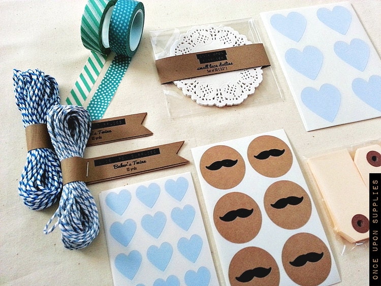 Retro Mustache Soft Powder Blue Gift Wrap Kit / Stationery Kit / Valentine's Day Gift Wrap / Mustache Stickers