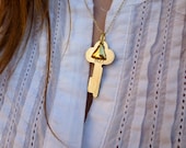 Vintage Silver Key & Tiny Gold Triangle Necklace - Delicate Dainty Gold Vintage Necklace
