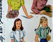 Vintage 40s Simplicity 1183 Pattern Girls Blouses Neckline and Sleeve Variations Size 12 Bust 30 p1z