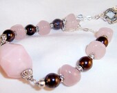 Rose quartz necklace, Rose quartz nugget choker, brown Swarovski pearls