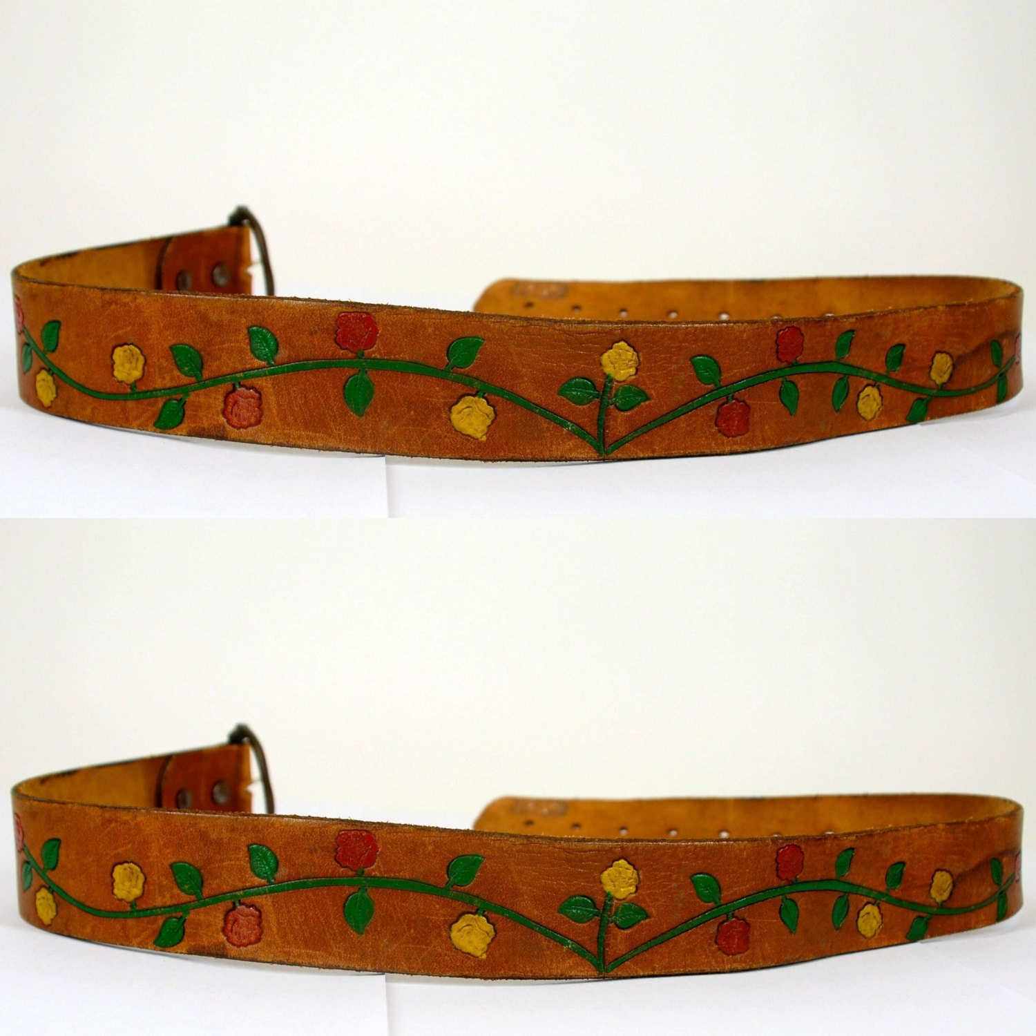 Vintage 70s Hand tooled painted Bohemian mexican ethnic warm brown Leather belt floral rose hippie Festival