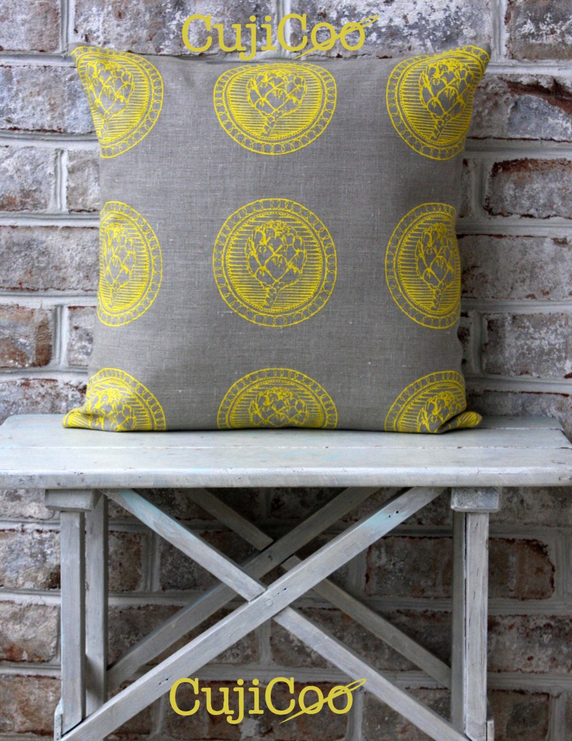 Original artichoke design - Hand screen printed Yellow on natural color linen accent pillow Designer couch Sofa cushion Cover 18x18