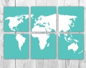 World Map 6 Panels - Set of 6 10x10 prints - Aqua and White World Map