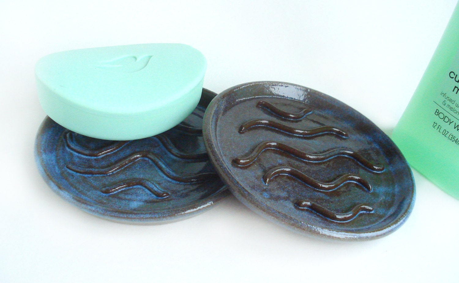 Bathroom soap dish: Blue and brown handmade stoneware pottery