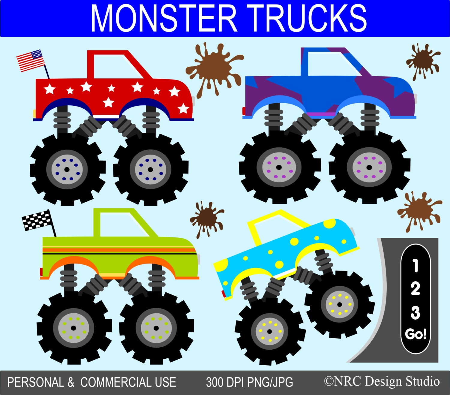 Monster Trucks Clip Art Graphics - Digital Clipart Commercial Use - Instant Download Il_170x135