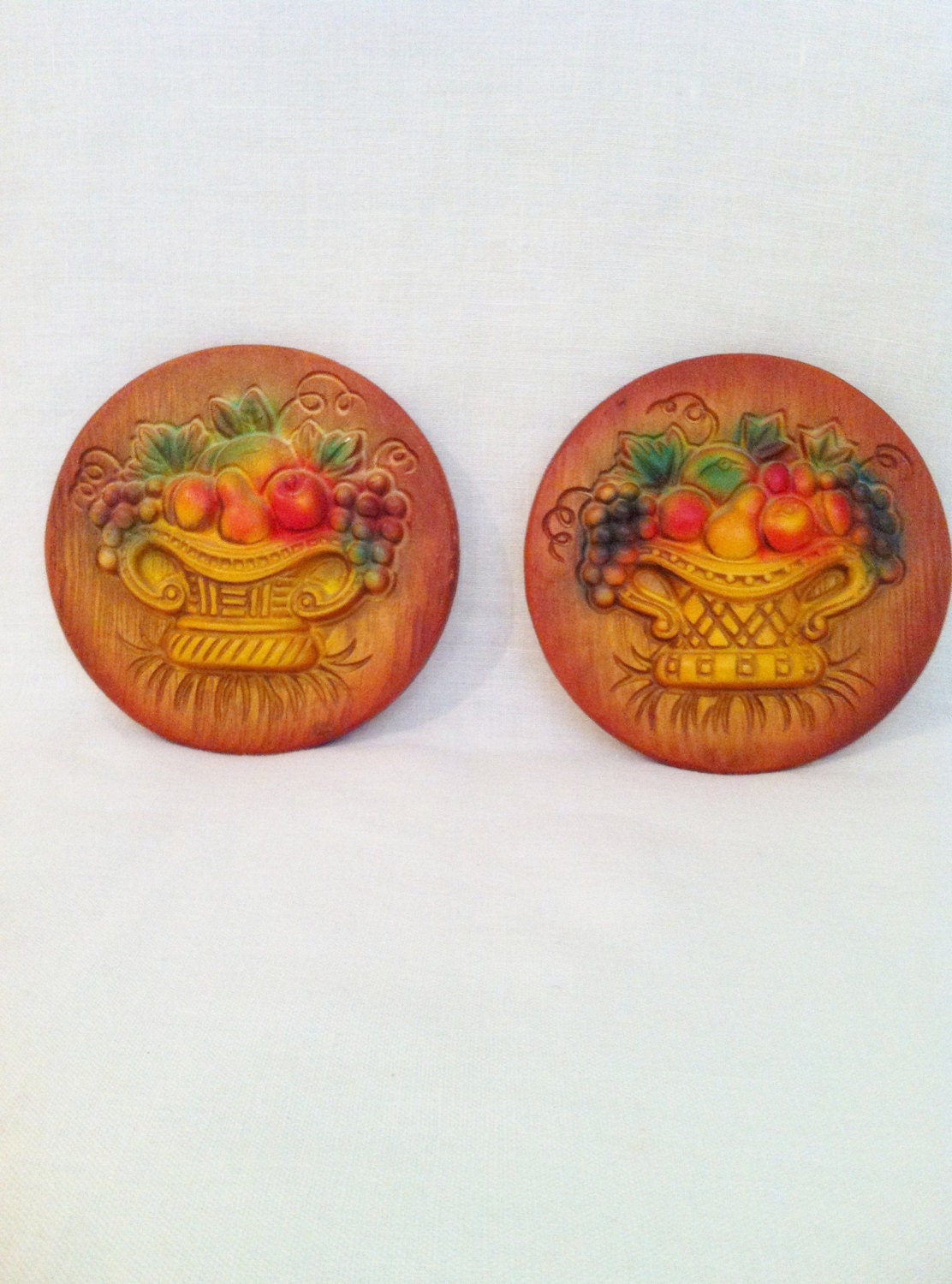 Vintage Miller Studio Chalkware Fruit Basket Wall Plaques Retro 1960s