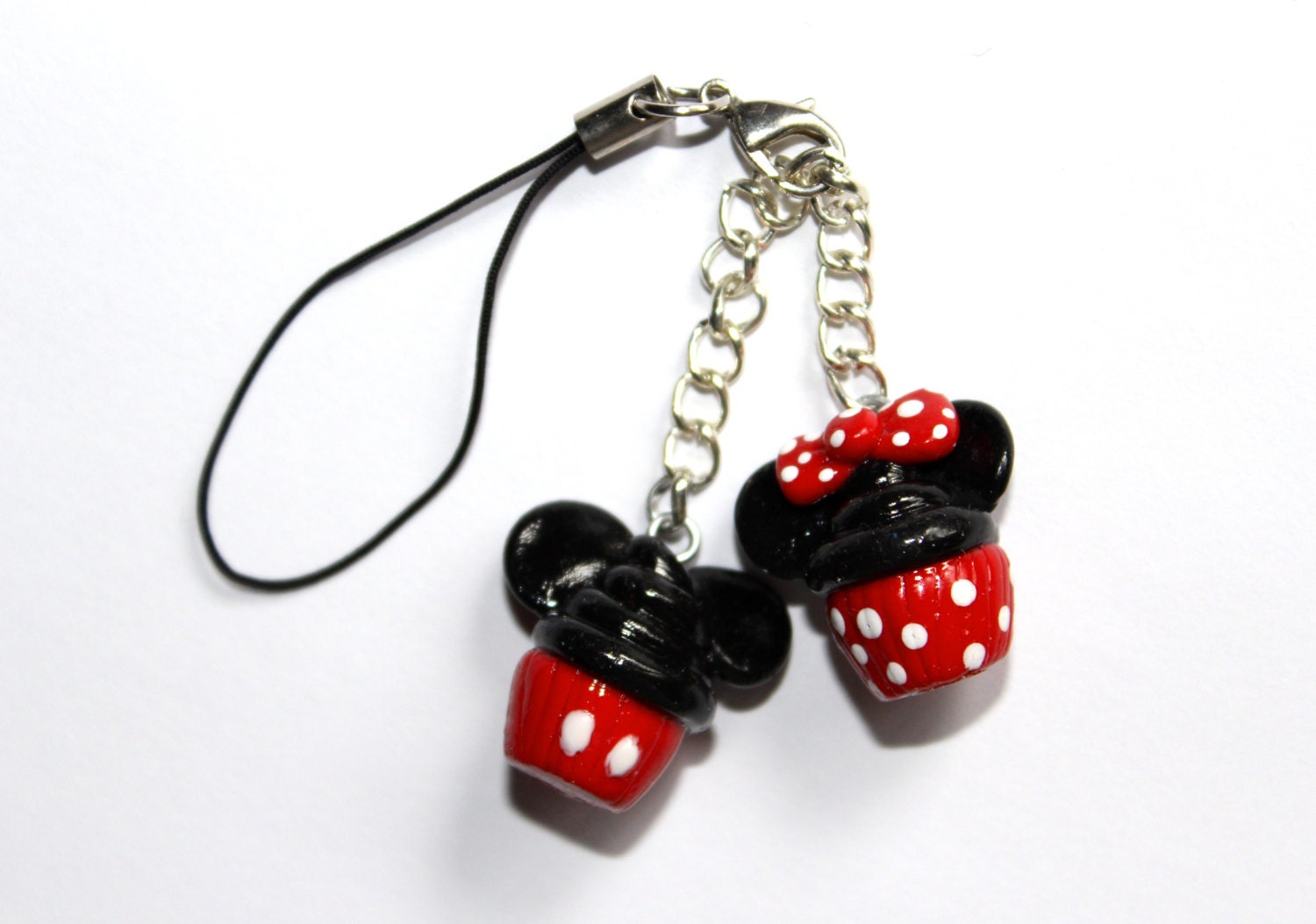 Minnie and Mickey Mouse Cupcake Dangle Charm, Disney, Silver Plated, Polymer Clay