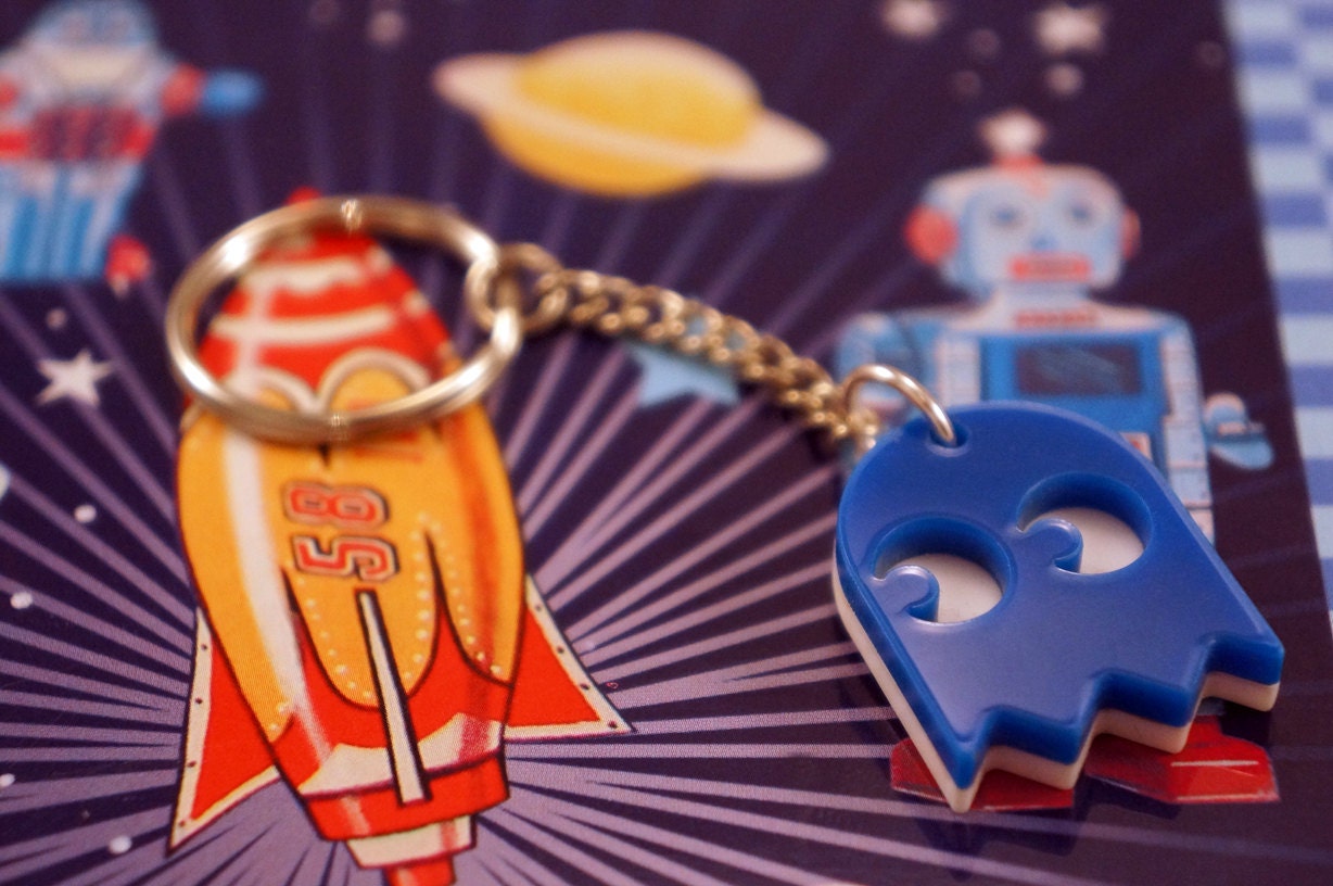 Pacman Ghost Acrylic Plastic Keyring Charm