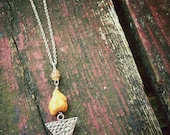 elissa- wood bead, orange stone and hammered silver triangle