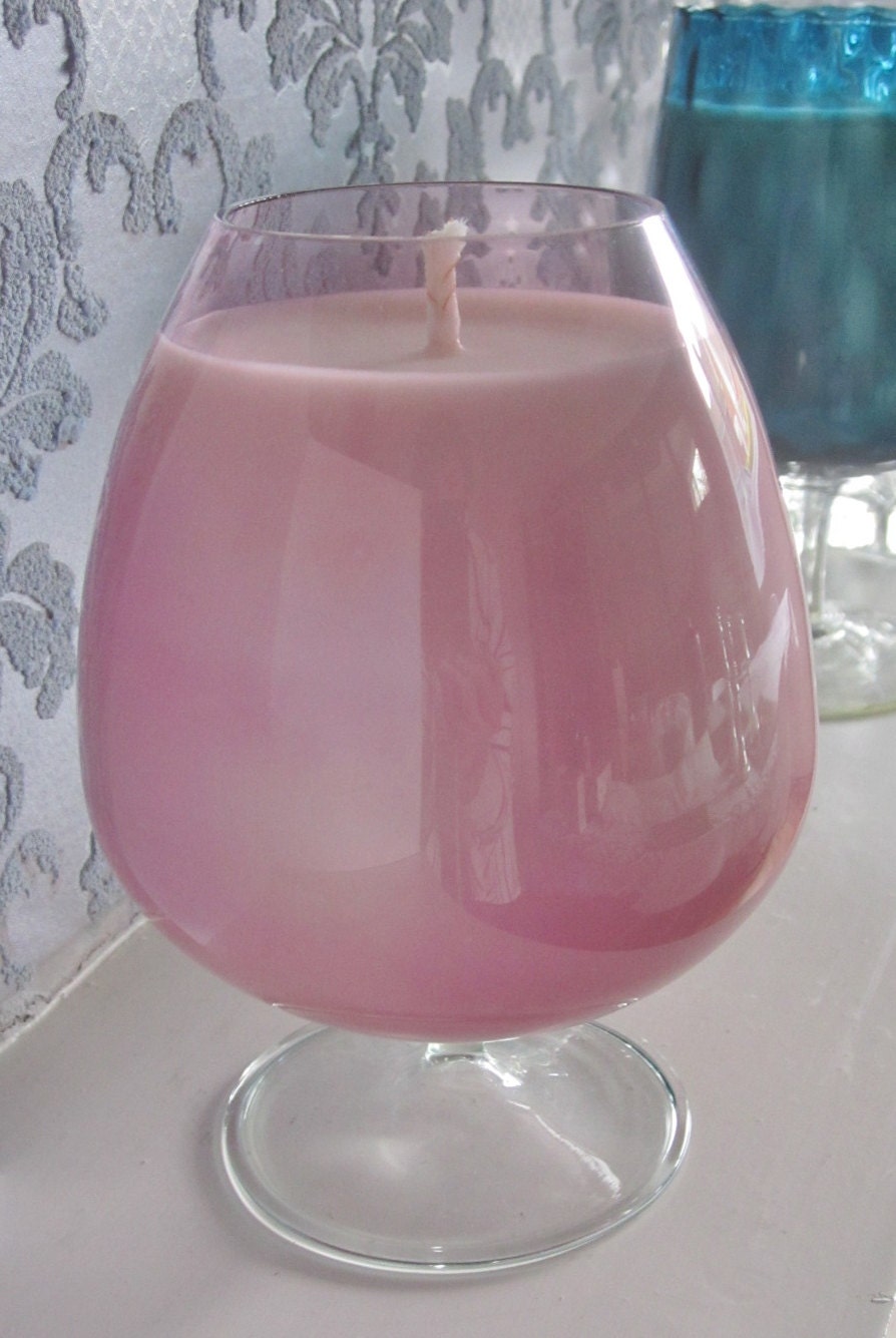 Handmade soy candle in vintage pale pink brandy glass
