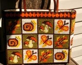 Vintage needlepoint knitting bag with faux tortoise shell handles