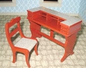 Miniature dollhouse mid century modern wooden desk and chair