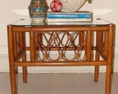 Vintage Pair of Matching Ornate Bamboo End Tables with Glass Tops Bohemian Nightstands