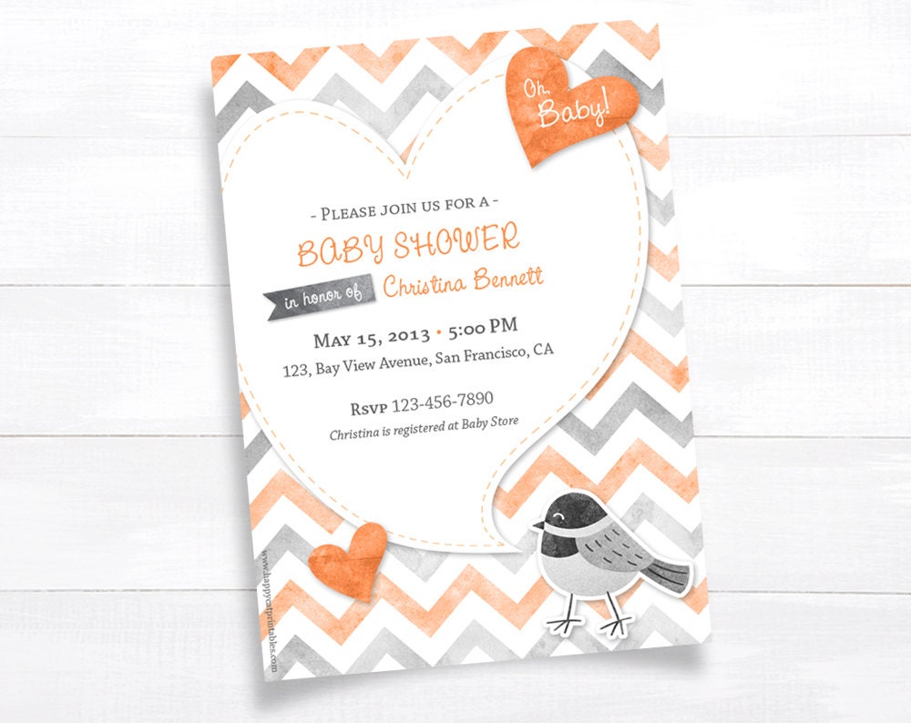 Bird Baby Shower Invitation Printable Baby Shower Invite Gray Coral Orange Chevron Invitation Custom Gender Neutral Baby Boy Digital DIY