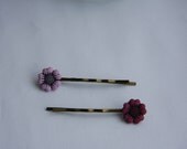 Pink/Purple Detailed Pretty Flowers on Vintage Style Bronze Hair Grips/Bobby Pins.